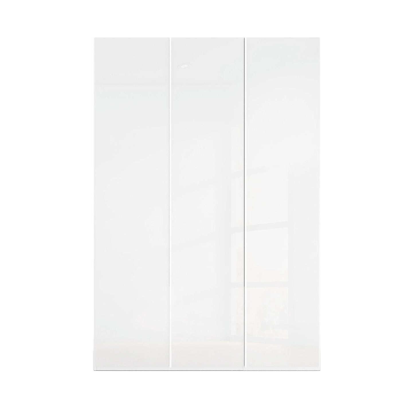 Front view of Rauch Symphone White glass 3 door Hinged wardrobe Width 151cm, available in 2 Height sizes 223cm and 235cm