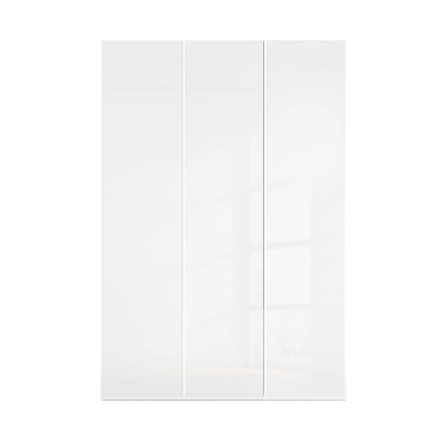 Front view of Rauch Symphone White glass 3 door Hinged wardrobe Width 151cm, available in 2 Height sizes 223cm and 235cm