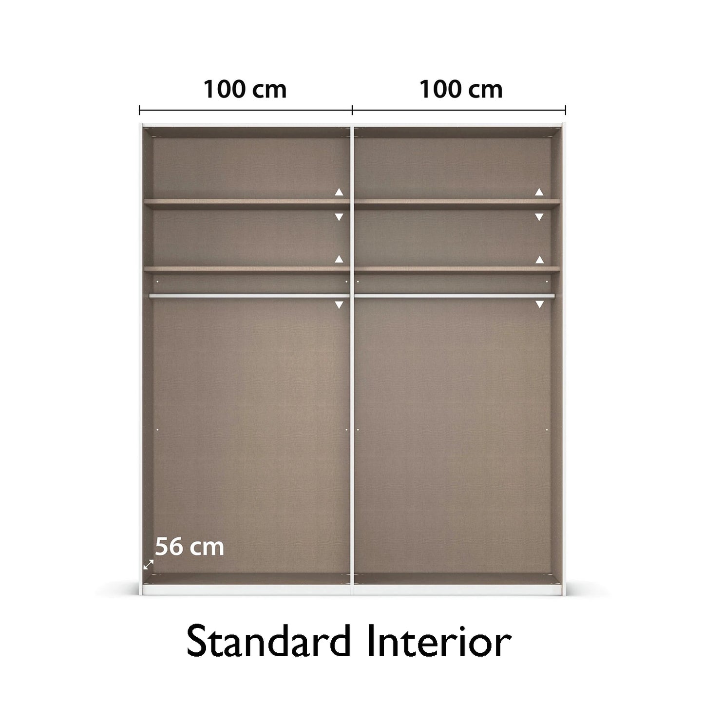 Interior view of German wardrobe with adjustable shelves and rails