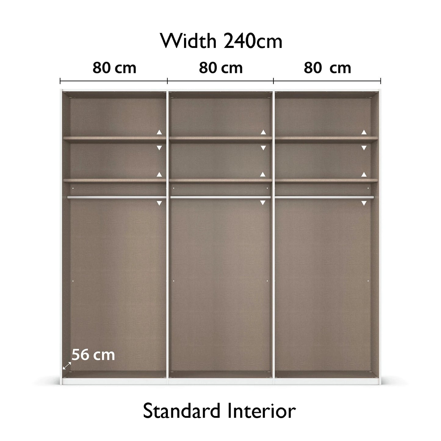 Rauch Taro 3 Door Sliding Wardrobe 80cm each Compartment Standard Interior view