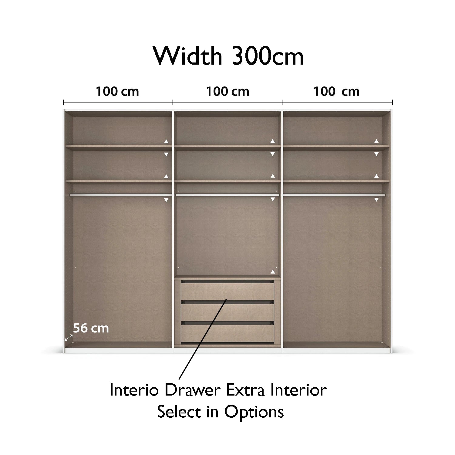 Rauch Taro 3 Door Sliding Wardrobe 100cm each compartment interior view