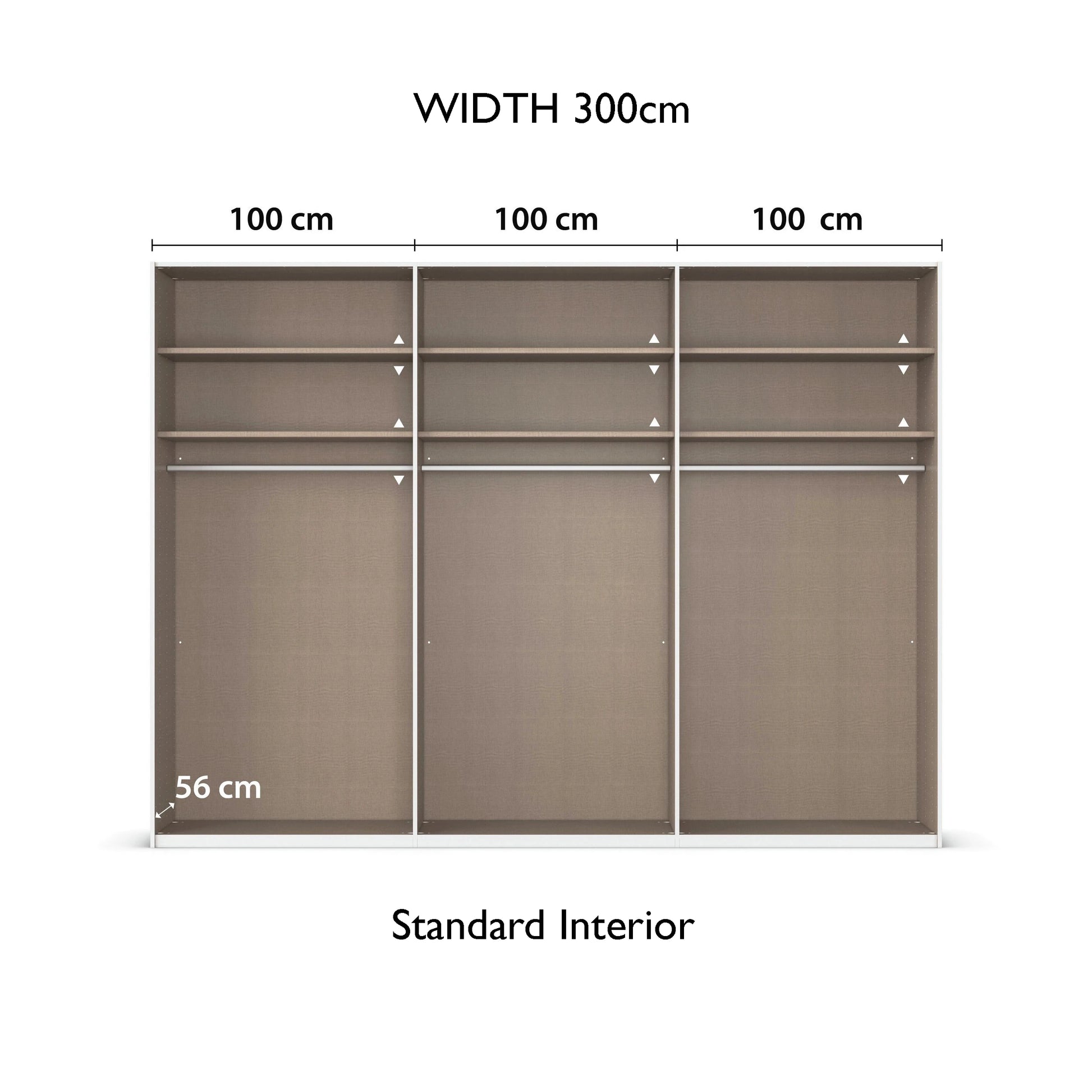 Rauch Taro 3 Door Sliding Wardrobe 100cm each Compartment Standard Interior view