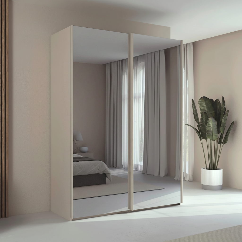 Rauch Taro 2 Door full mirror sliding wardrobe with Champagne Carcase double mirrored doors styled in a modern bedroom