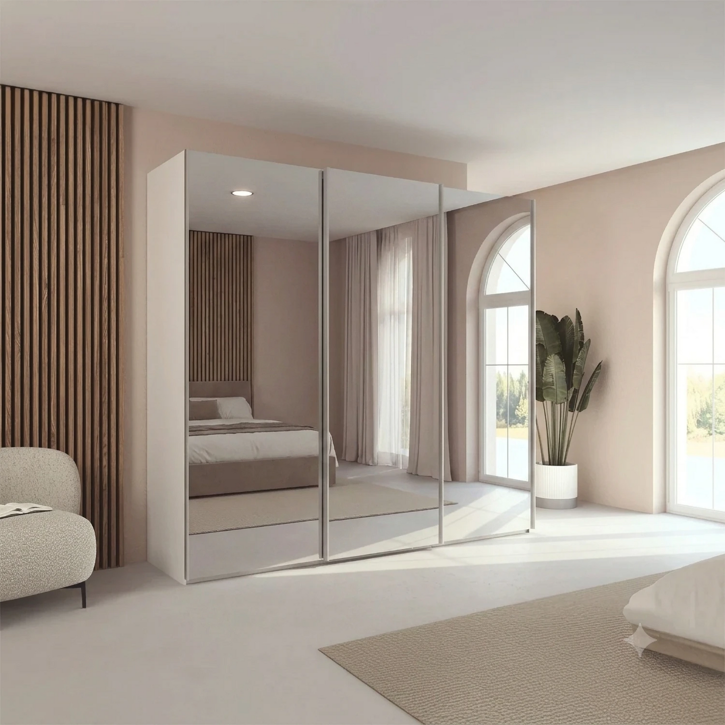 Rauch Taro 3 Door Full Mirror Sliding Wardrobe with Champagne Carcase in modern bedroom