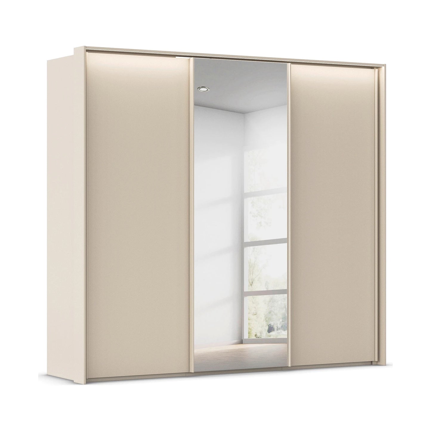 Rauch Tara 3 Door Sliding Wardrobe in Champagne with central mirror door with passepartout light frame