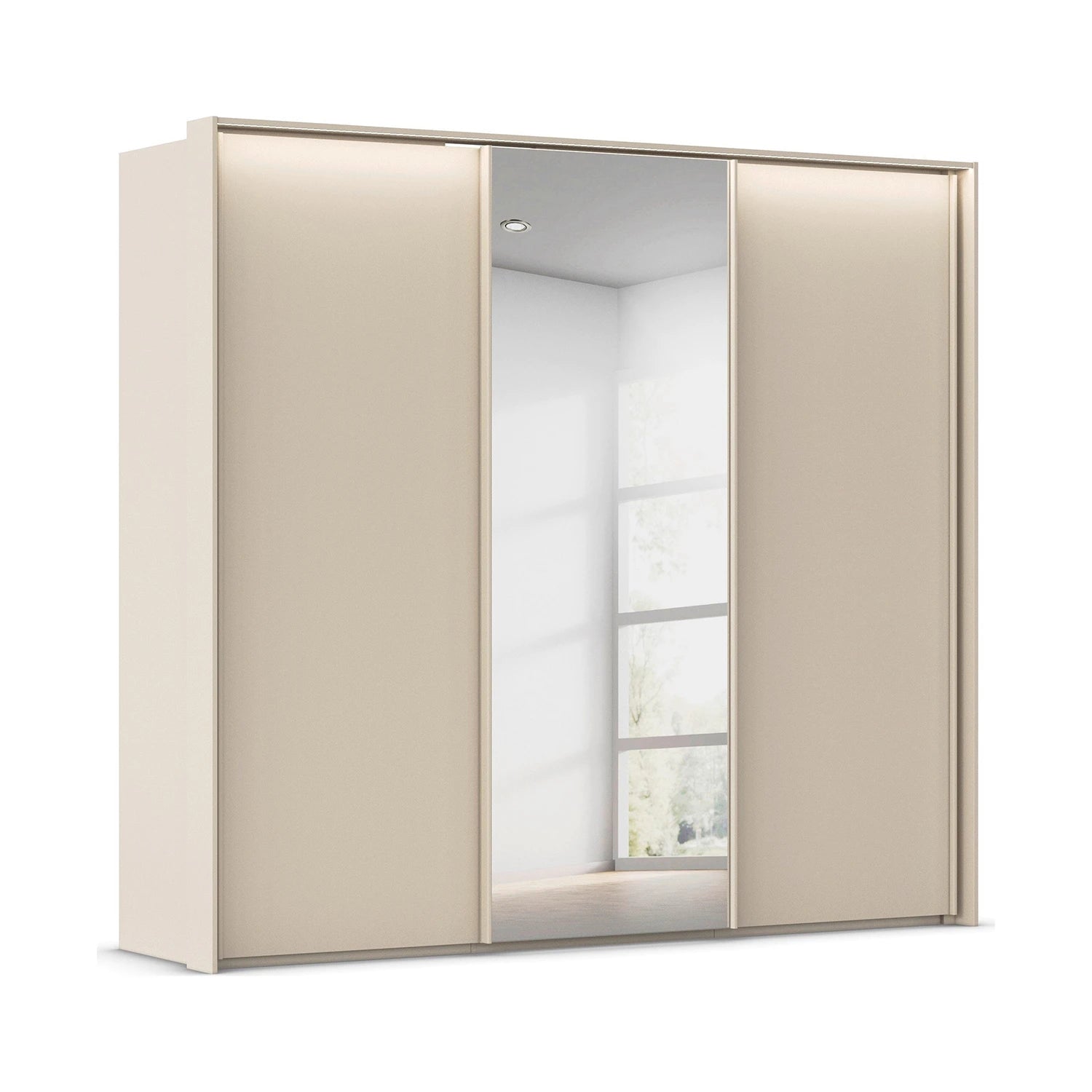 Rauch Tara 3 Door Sliding Wardrobe in Champagne with central mirror door with passepartout light frame