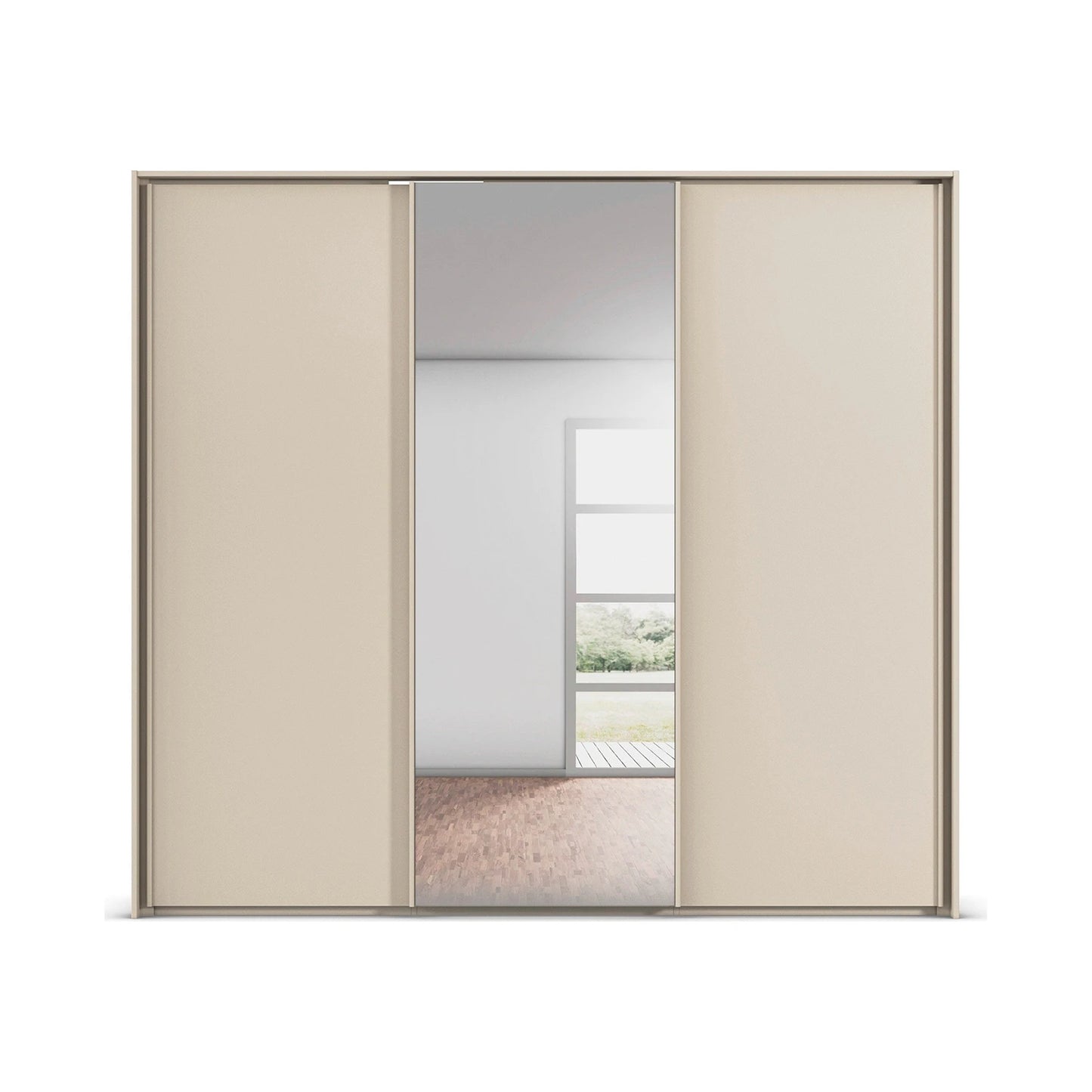 Rauch Tara 3 Door Sliding Wardrobe in Champagne with central mirror door with passepartout frame - front view