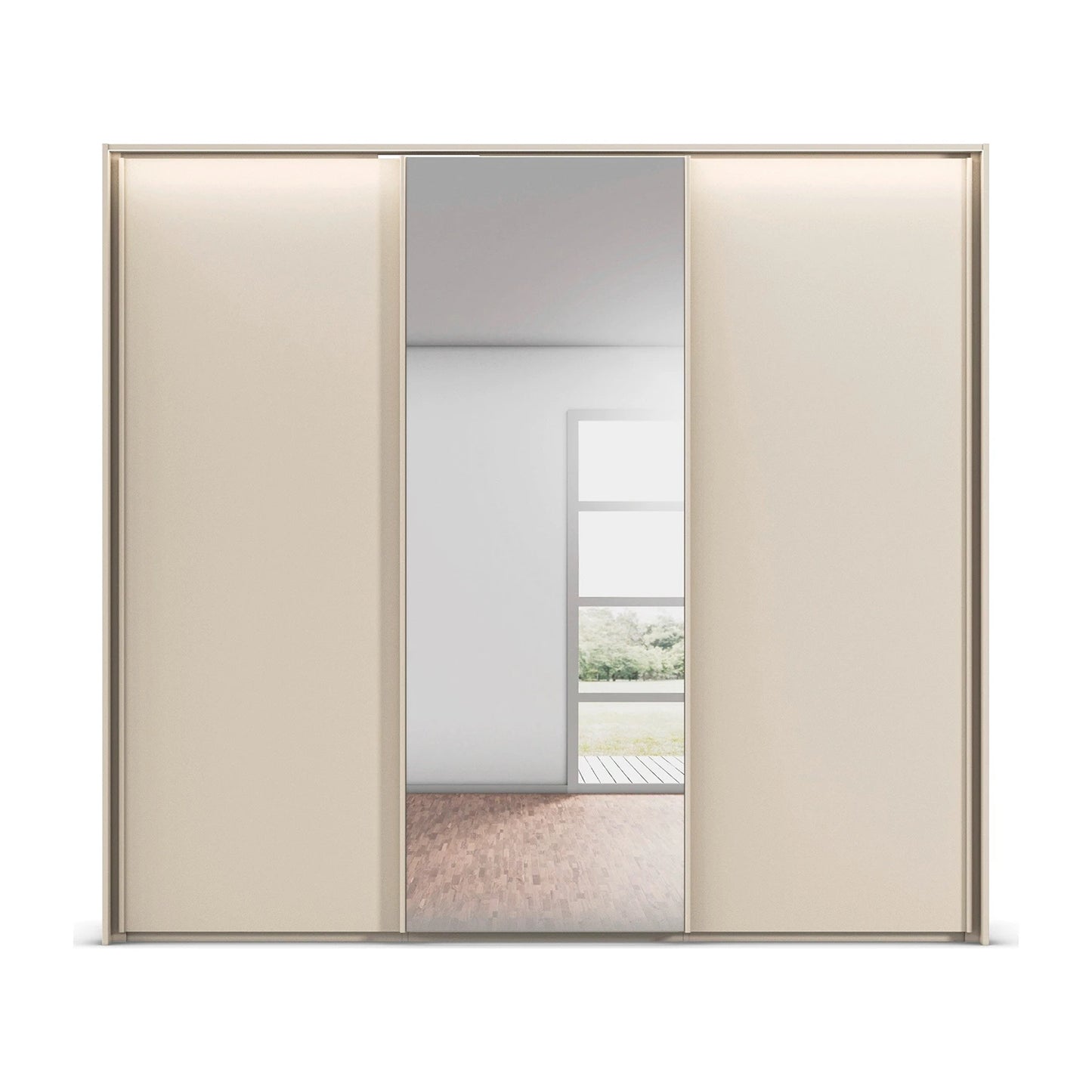Rauch Tara 3 Door Sliding Wardrobe in Champagne with central mirror door with passepartout light frame - front view