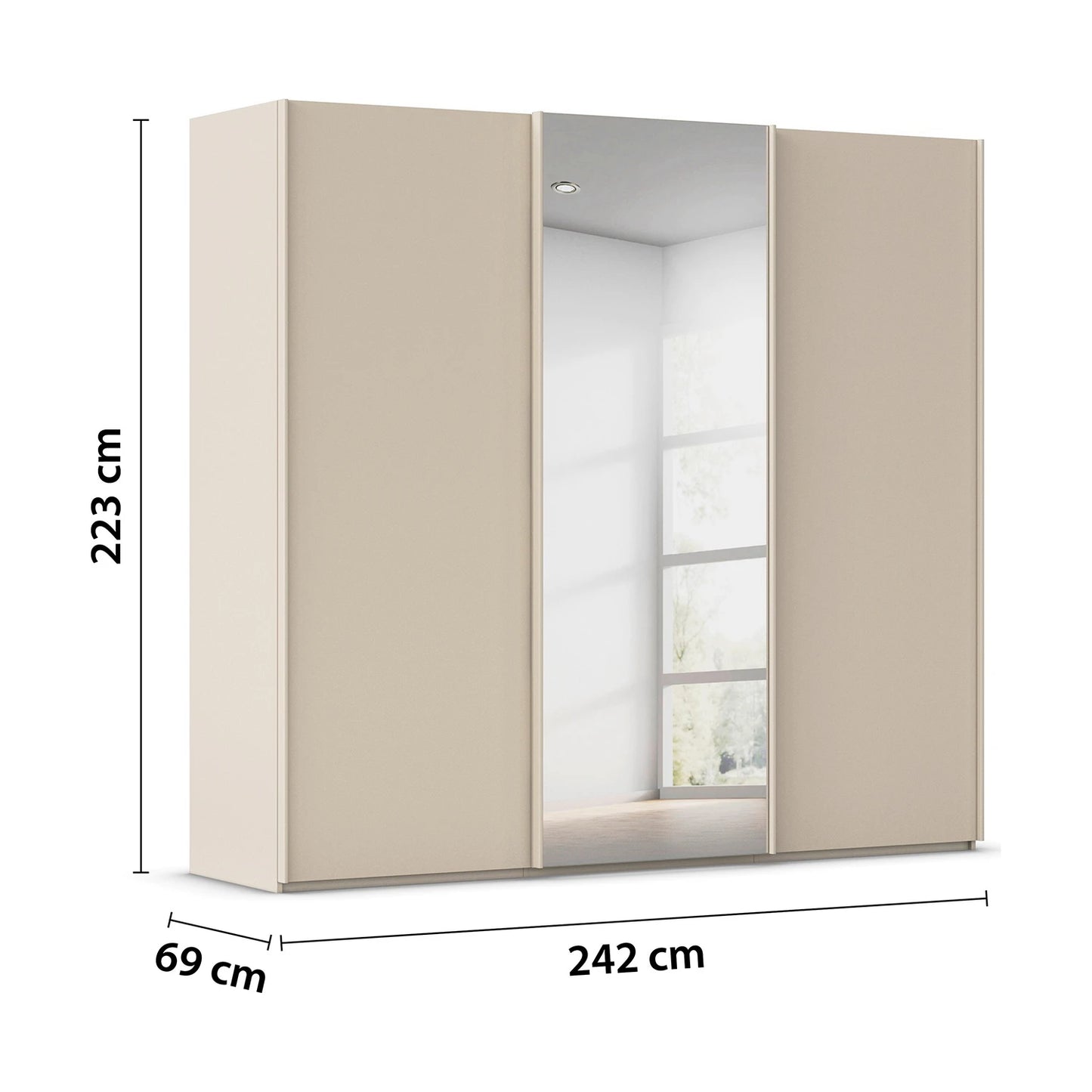 Rauch Tara 3 Door Sliding Wardrobe in Champagne with central mirror door - Dimensions