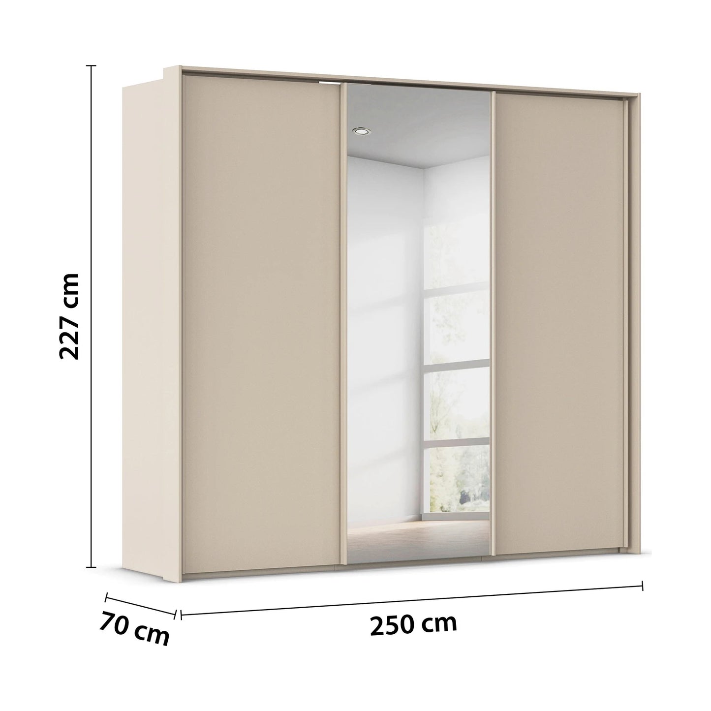 Rauch Tara 3 Door Sliding Wardrobe in Champagne with central mirror door with passepartout frame - Dimensions