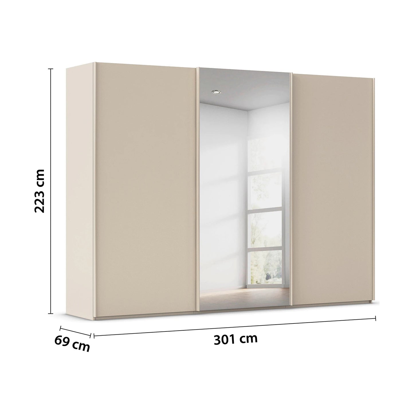 Rauch Tara 3 Door Sliding Wardrobe in Champagne with central mirror door - Dimensions