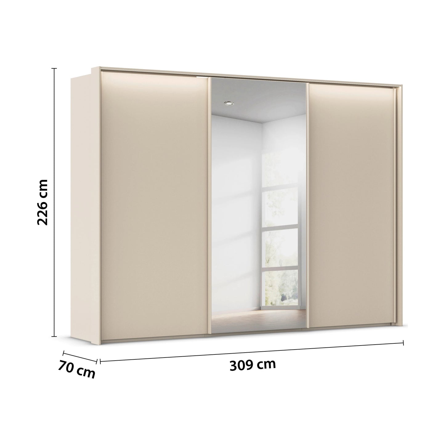 Rauch Tara 3 Door Sliding Wardrobe in Champagne with central mirror door with passepartout frame - Dimensions