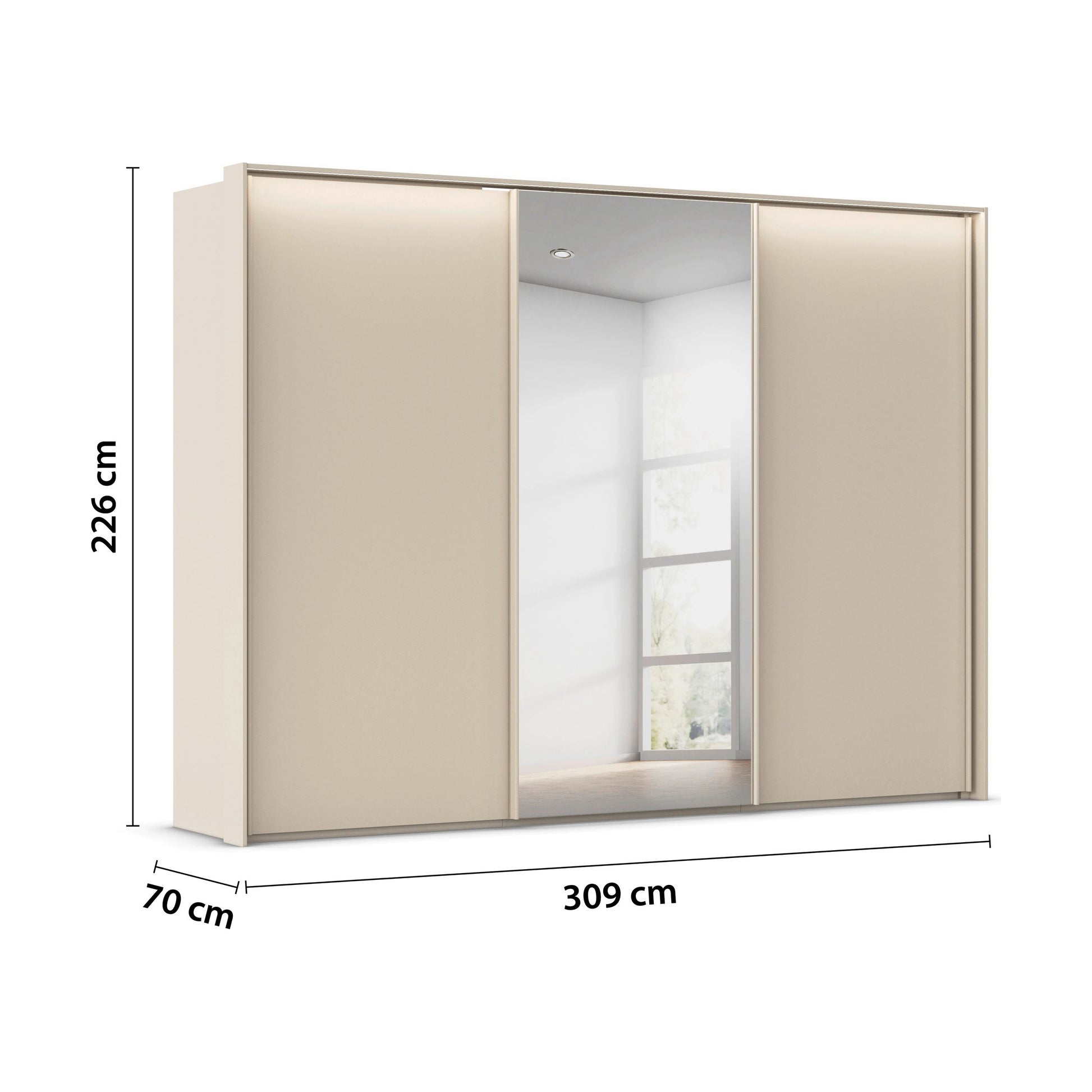 Rauch Tara 3 Door Sliding Wardrobe in Champagne with central mirror door with passepartout frame - Dimensions