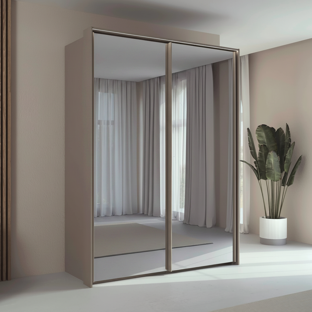 Rauch Taro 2 Door full mirror sliding wardrobe with Fango Carcase double mirrored doors styled in a modern bedroom