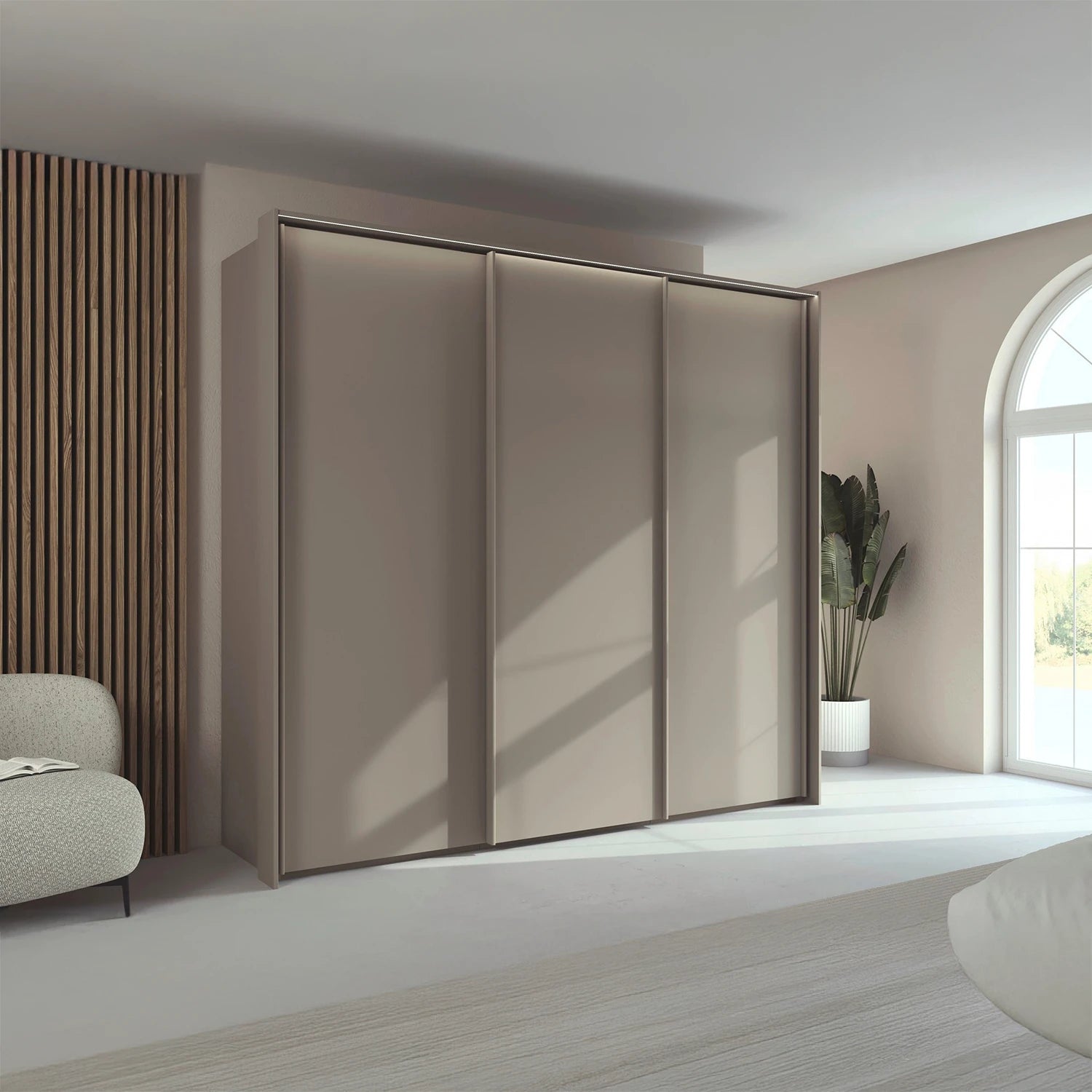 Rauch Taro 3 Door Sliding Wardrobe in Fango finish with light passepartout frame
