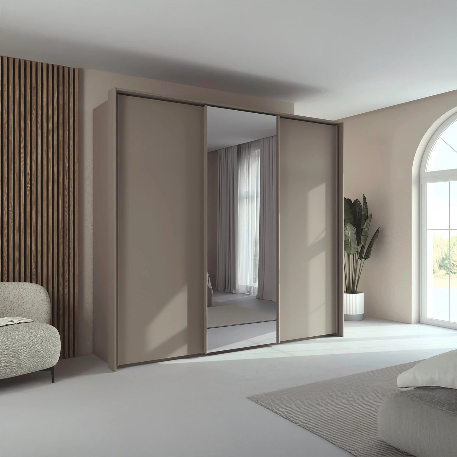 Rauch Tara 3 Door Sliding Wardrobe in Fango with central mirror door with passepartout frame styled in a modern bedroom