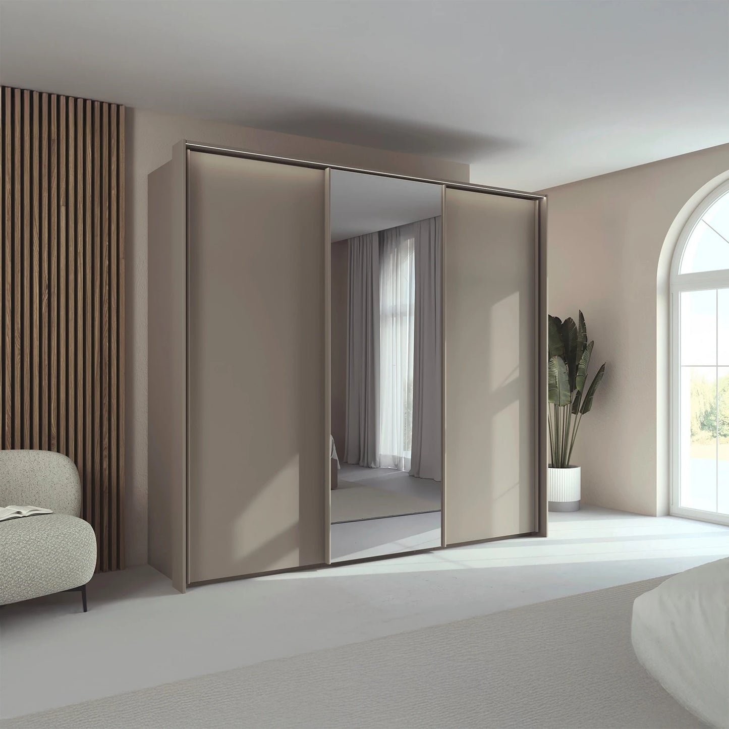 Rauch Taro 3 Door Sliding Wardrobe in Fango with central mirror door with passepartout light frame styled in a modern bedroom