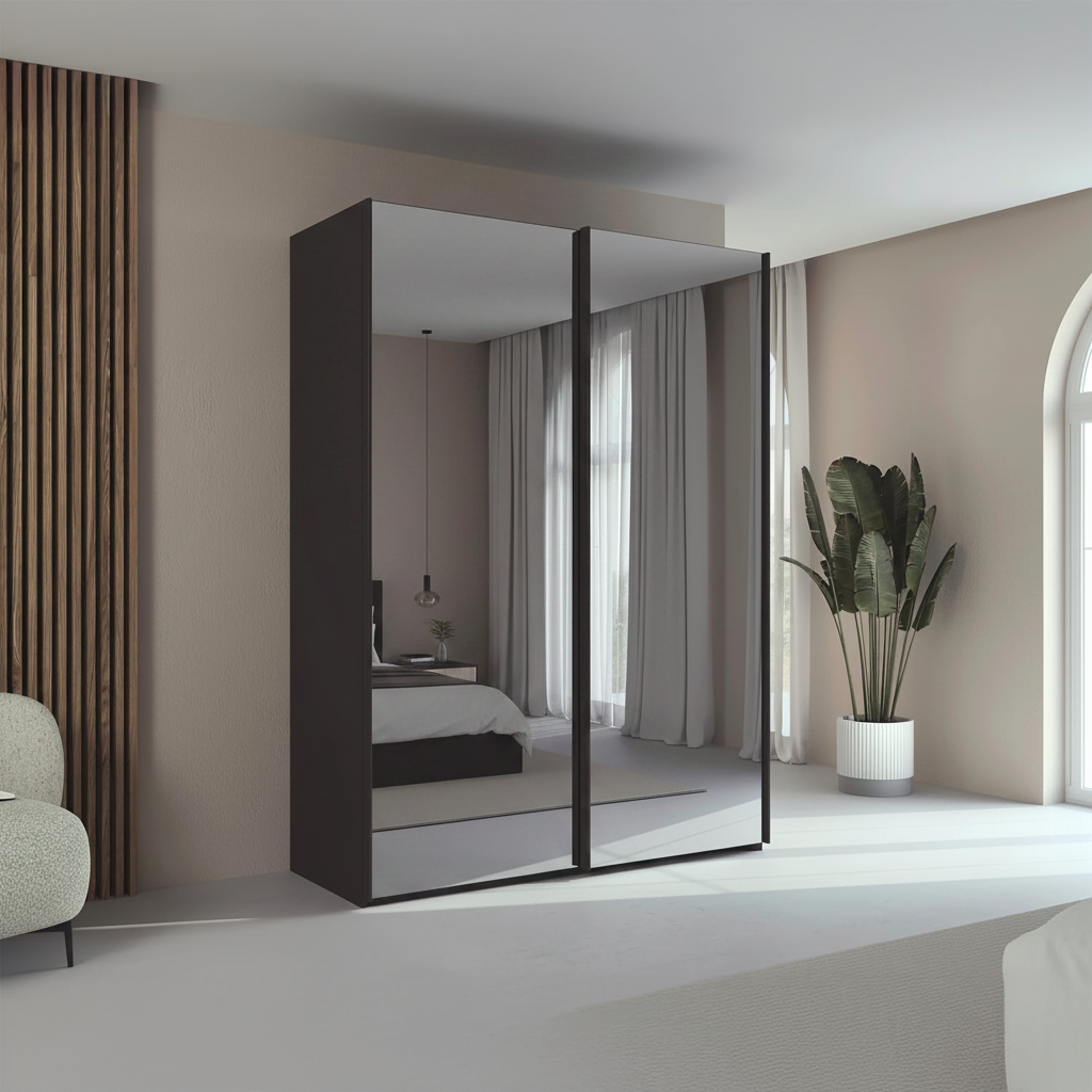 Rauch Taro 2 Door full mirror sliding wardrobe with Graphite Carcase double mirrored doors styled in a modern bedroom