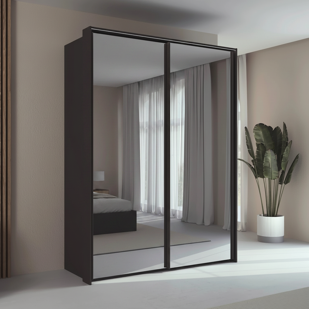Rauch Taro 2 Door full mirror sliding wardrobe with Graphite Carcase double mirrored doors with passepartout light frame styled in a modern bedroom