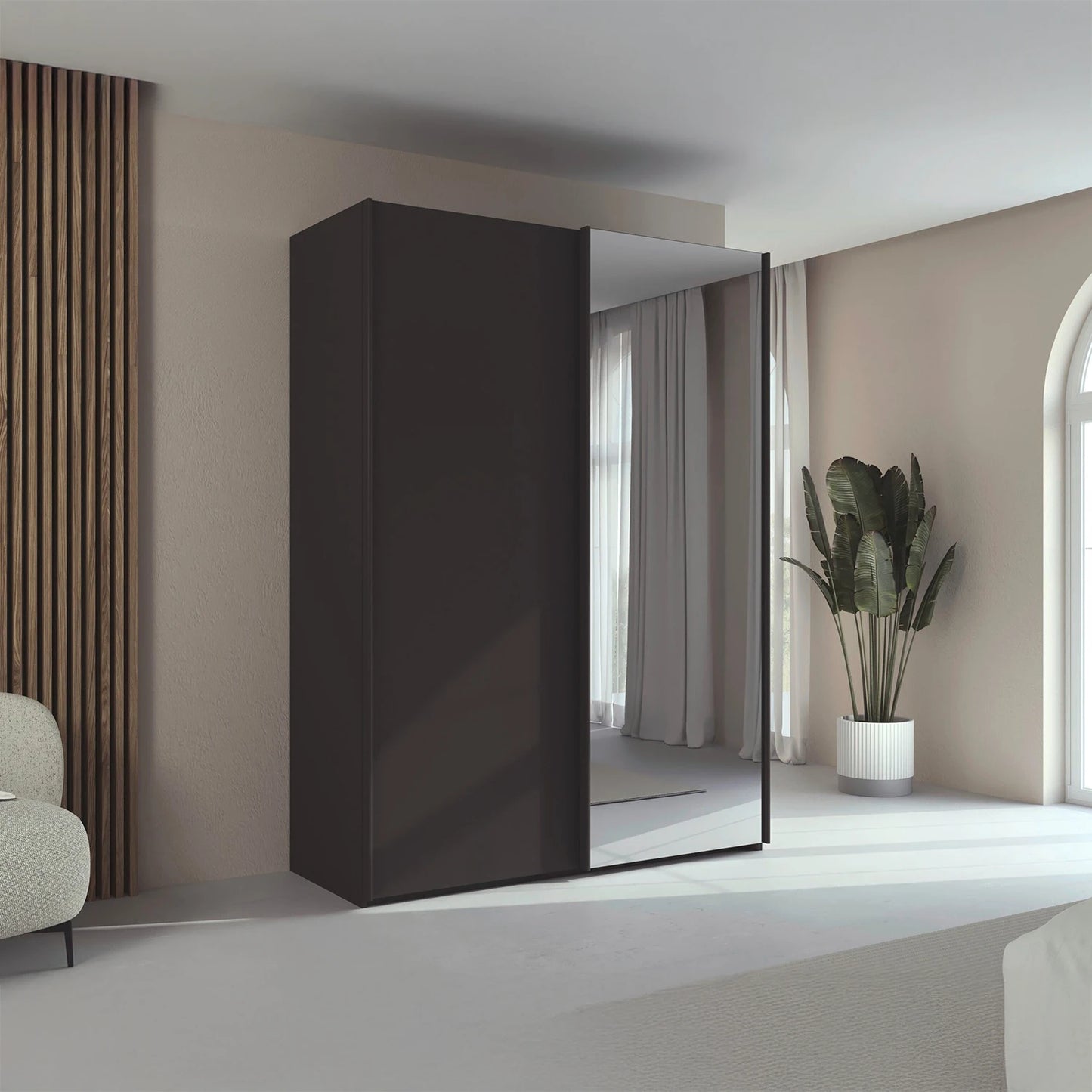 Rauch Taro 2 Door 1 Mirror Door Sliding Wardrobe in Graphite finish styled in a modern bedroom