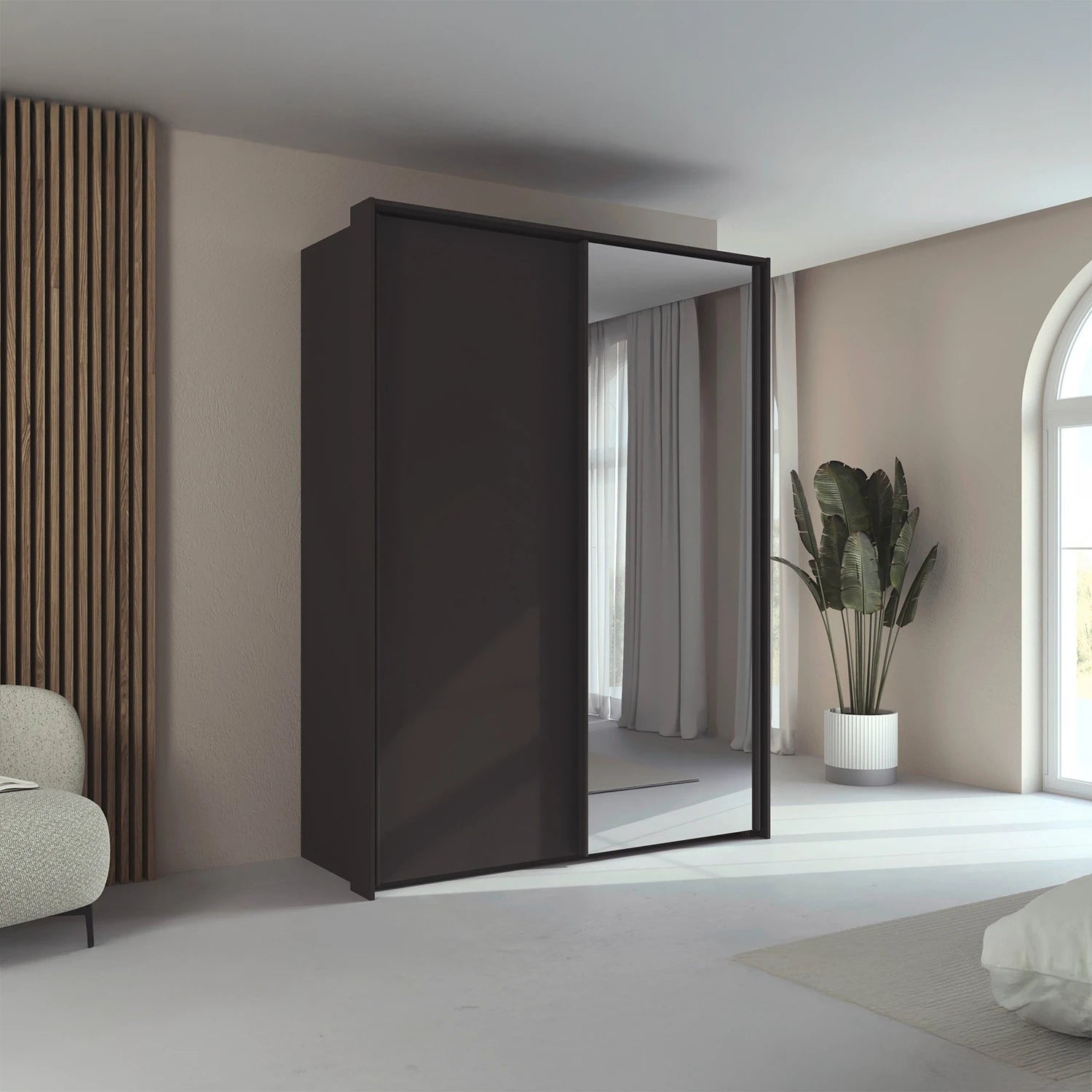 Rauch Taro 2 Door 1 Mirror Door Sliding Wardrobe in Graphite finish with passepartout frame styled in a modern bedroom