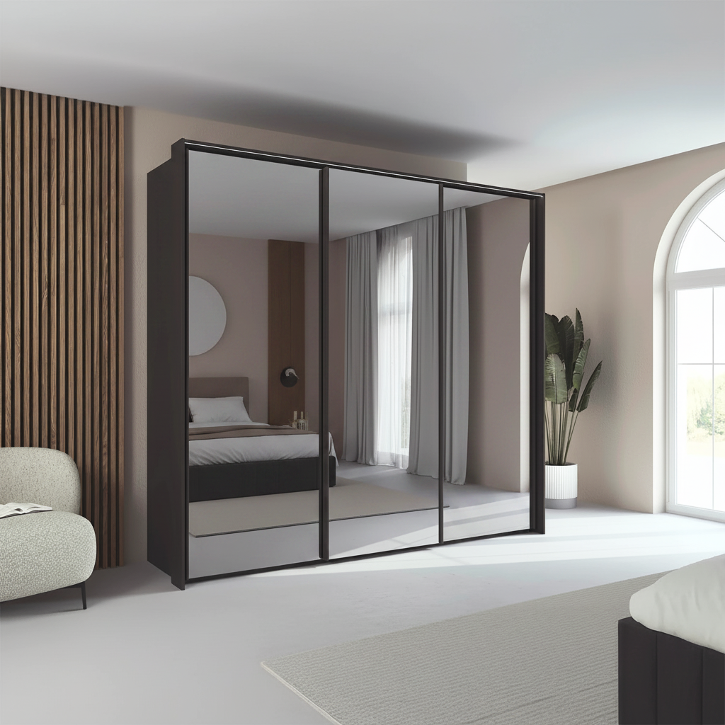 Rauch Taro 3 Door Full Mirror Sliding Wardrobe with Graphite Carcase in modern bedroom