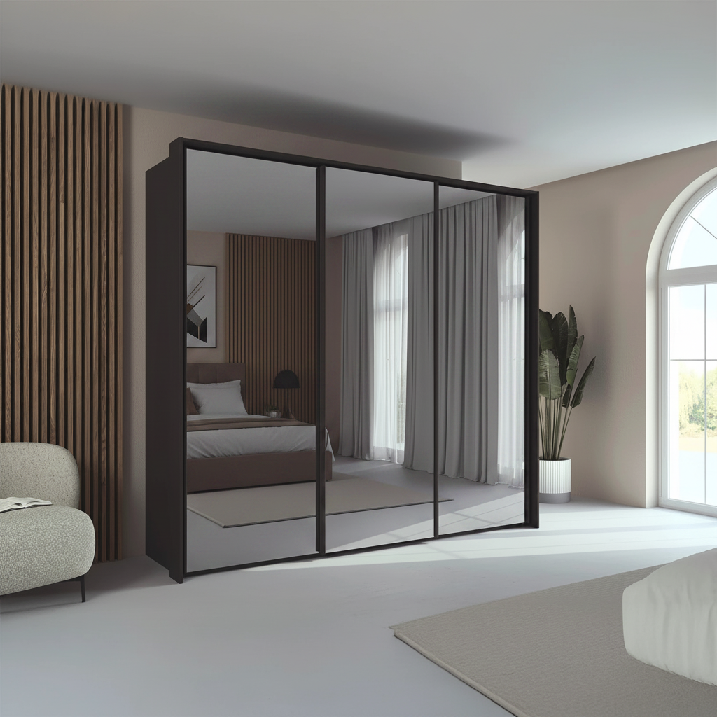 Rauch Taro 3 Door Full Mirror Sliding Wardrobe with Graphite Carcase with passepartout frame in modern bedroom