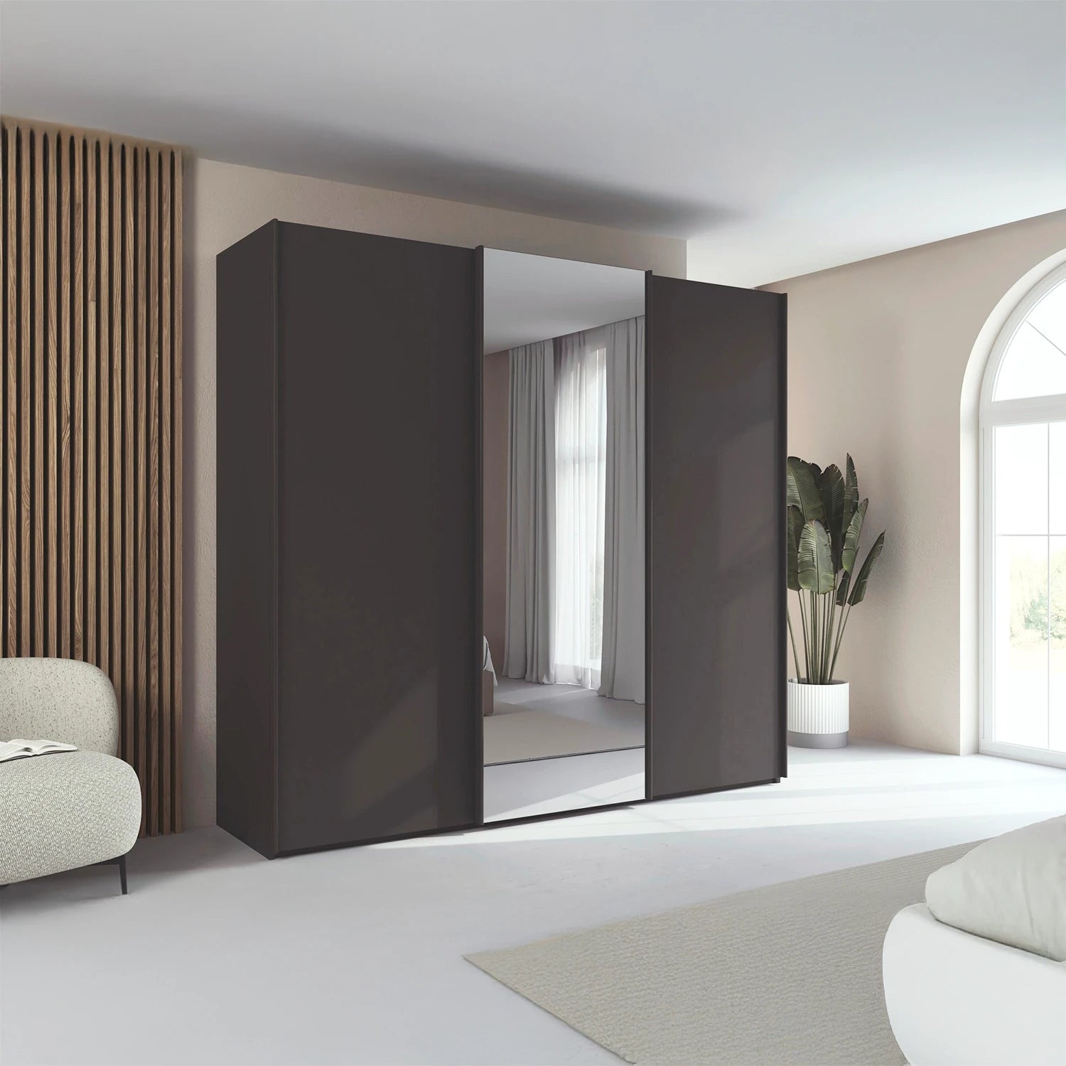 Rauch Tara 3 Door Sliding Wardrobe in Graphite with central mirror door styled in a modern bedroom