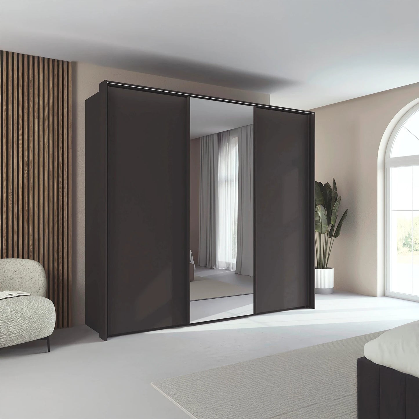 Rauch Tara 3 Door Sliding Wardrobe in Graphite with central mirror door with passepartout frame styled in a modern bedroom