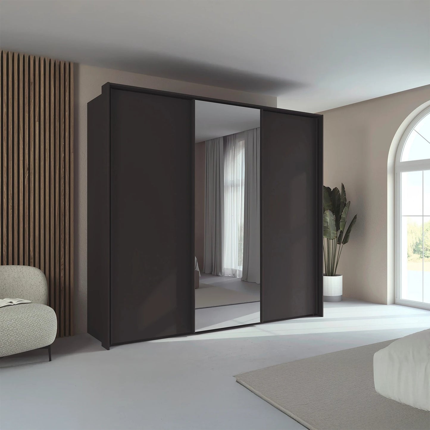 Rauch Tara 3 Door Sliding Wardrobe in Graphite with central mirror door with passepartout frame styled in a modern bedroom