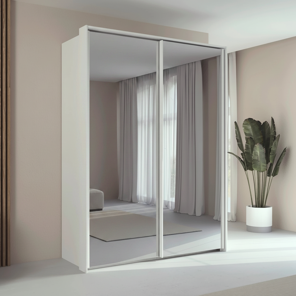 Rauch Taro 2 Door full mirror sliding wardrobe with Alpine White Carcase double mirrored doors with passepartout frame styled in a modern bedroom
