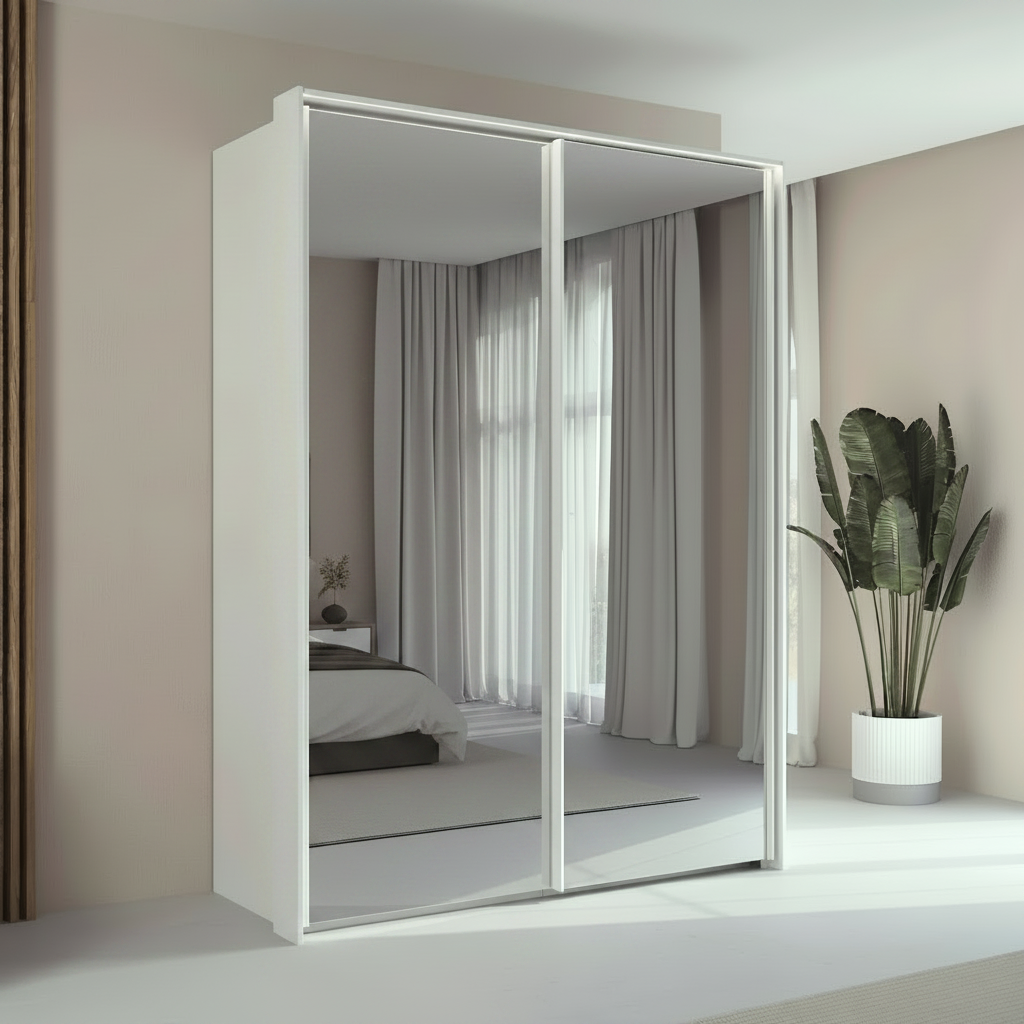 Rauch Taro 2 Door full mirror sliding wardrobe with Alpine White Carcase double mirrored doors with passepartout frame styled in a modern bedroom