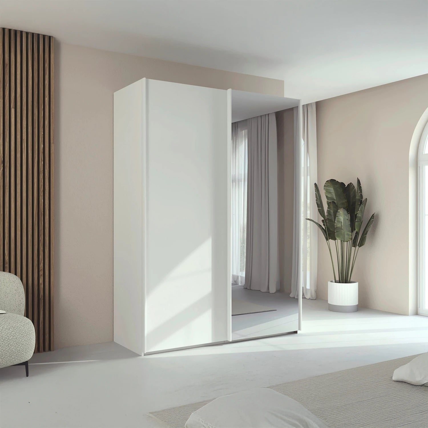 Rauch Taro 2 Door 1 Mirror Door Sliding Wardrobe in Alpine White finish styled in a modern bedroom