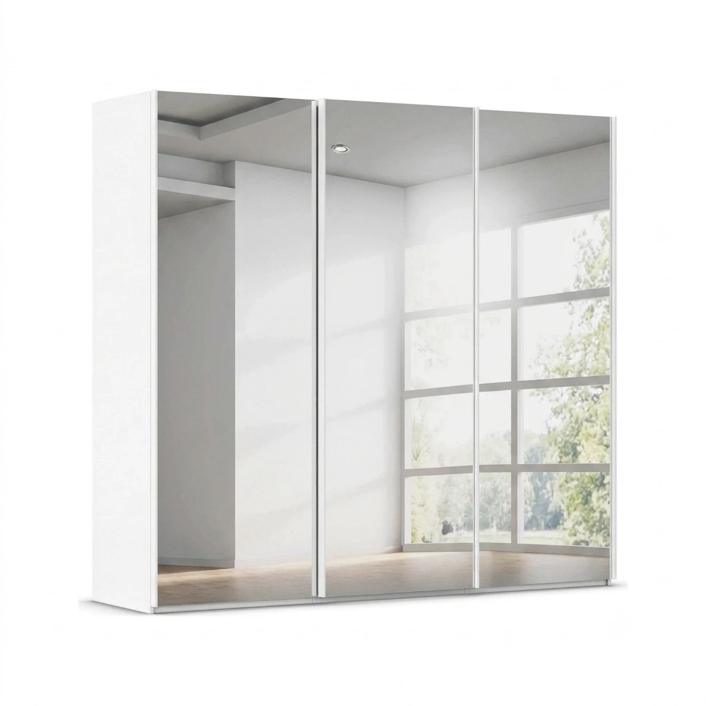 Rauch Taro 3 Door Full Mirror Sliding Wardrobe with Alpine White Carcase in modern bedroom