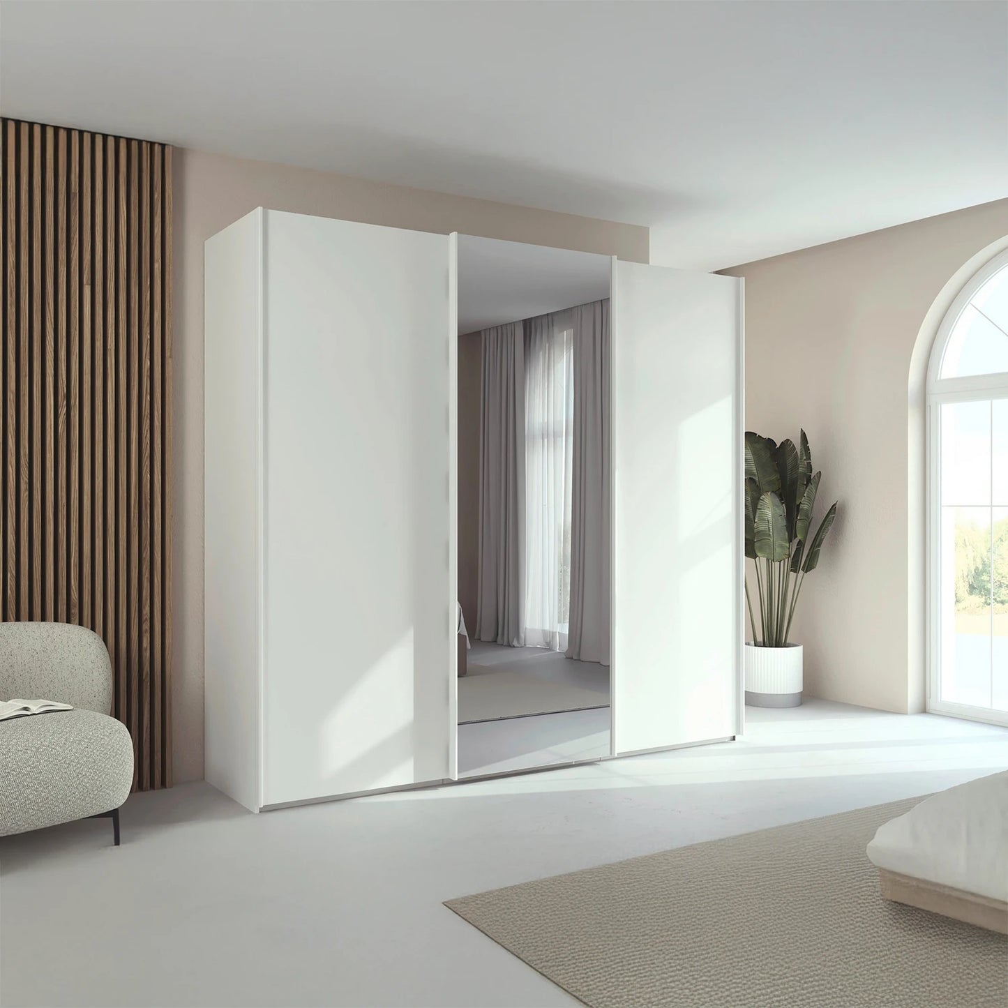 Rauch Tara 3 Door Sliding Wardrobe in Alpine White with central mirror door styled in a modern bedroom