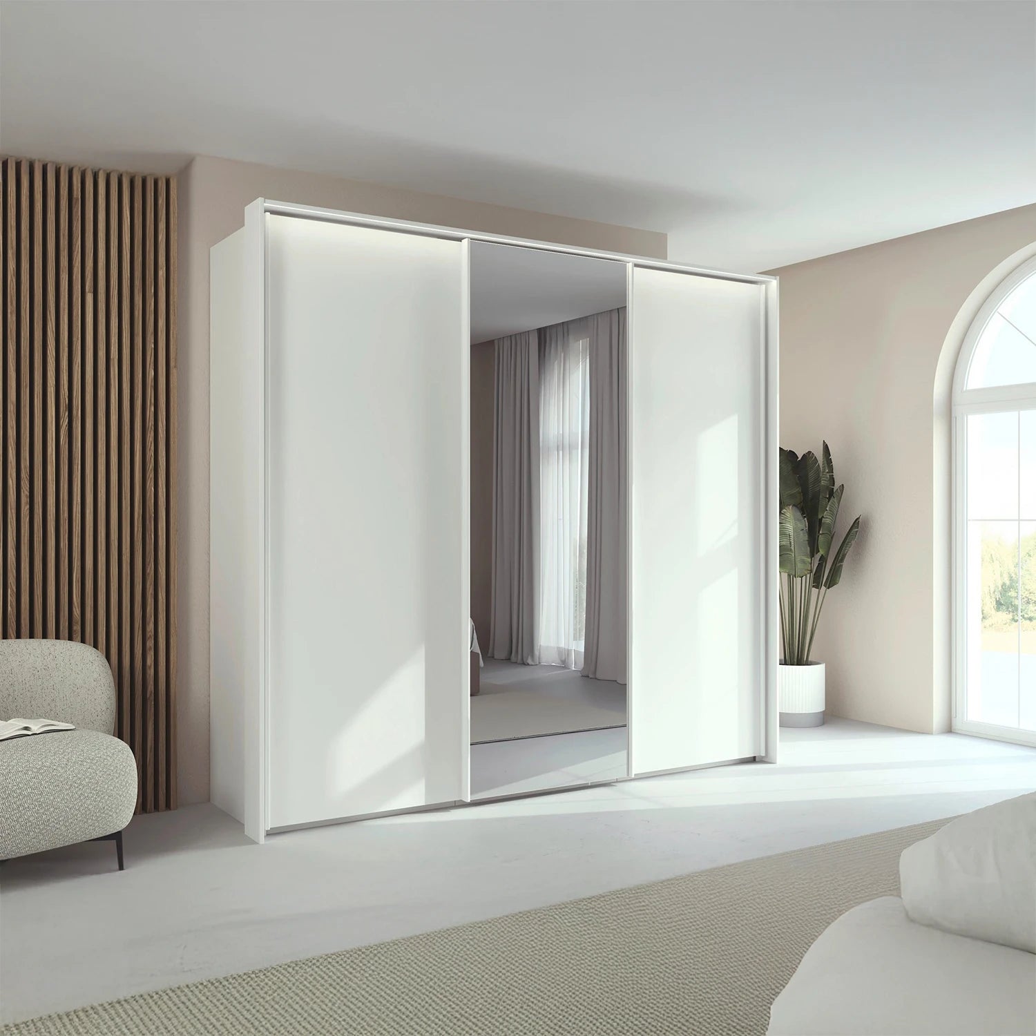 Rauch Taro 3 Door Sliding Wardrobe in Alpine White with central mirror door with passepartout light frame styled in a modern bedroom