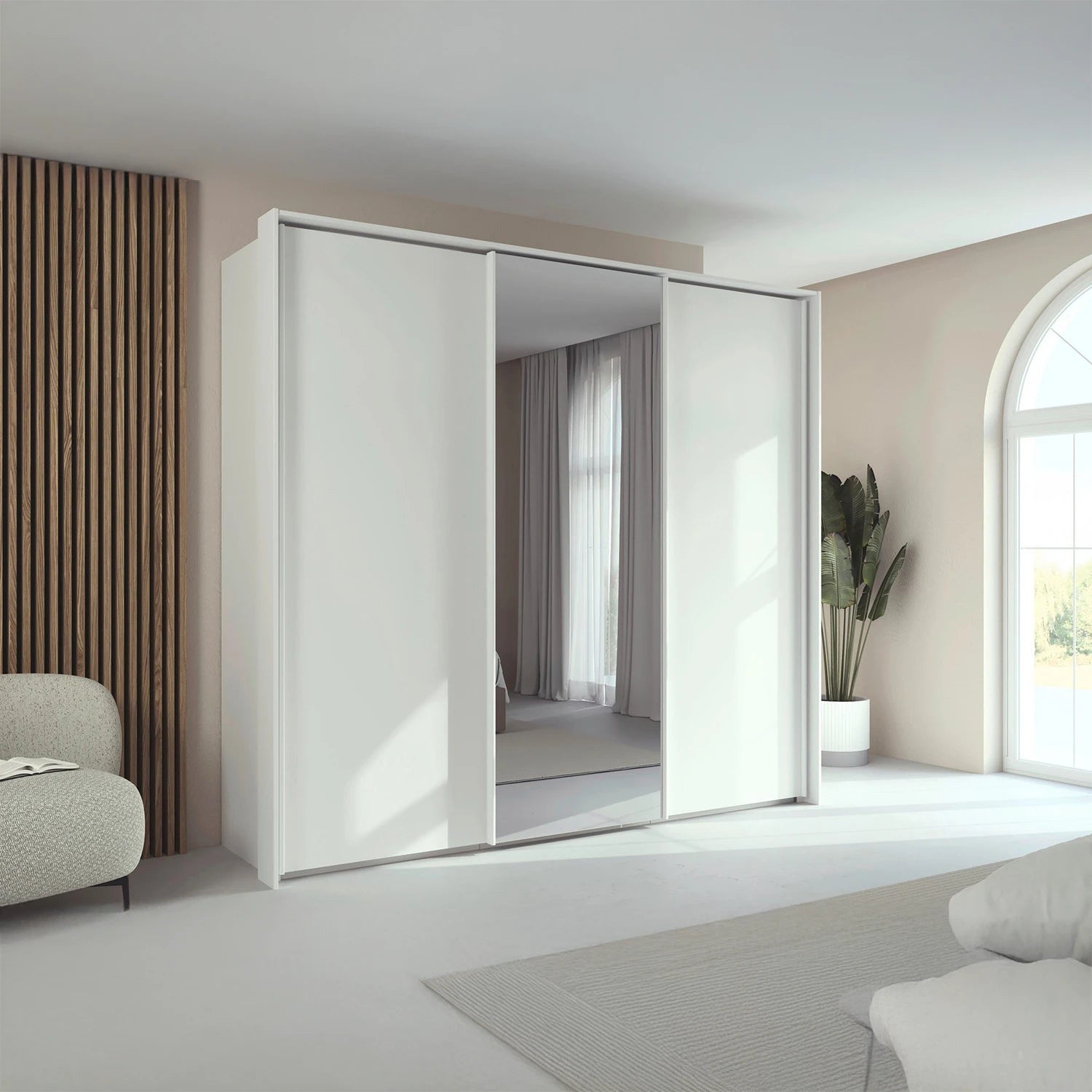 Rauch Tara 3 Door Sliding Wardrobe in Alpine White with central mirror door with passepartout frame styled in a modern bedroom