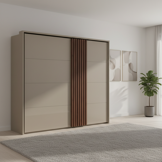 Rauch Tegra Fusion Fango Glass and Walnut Oak Large 2 Door Sliding  Wardrobe 