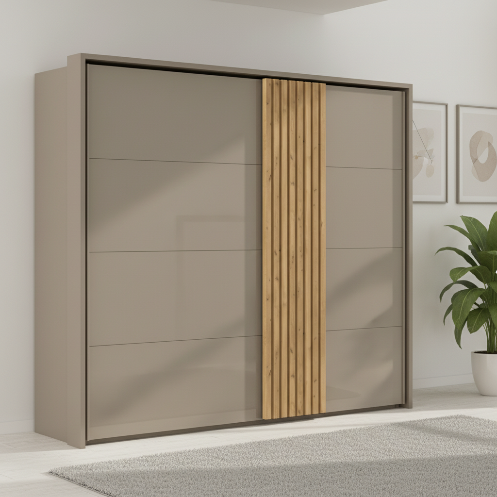Rauch Tegio Large 2 Door Sliding Wardrobe in Fango Glass with Light Oak Decking on the Door and Passepartout Frame