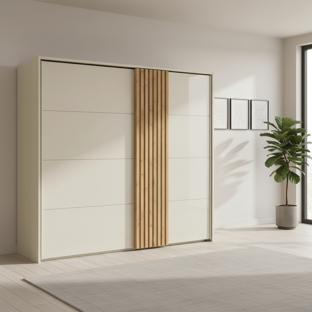 A modern sliding wardrobe with cream-colored doors and a vertical wooden slat panel in the center, shown in a bright, minimalist room with a potted plant and light wood flooring.