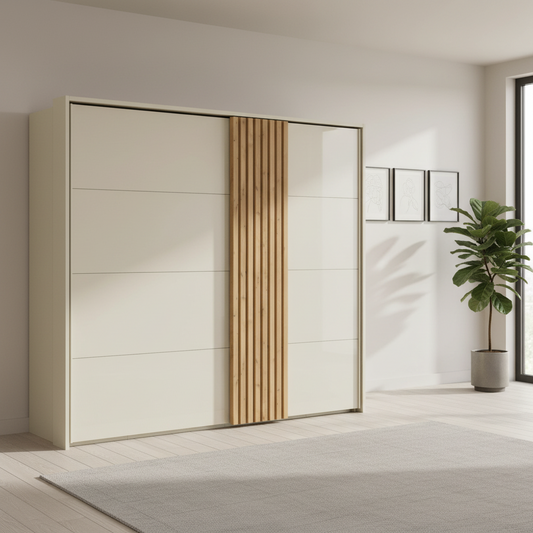 A modern sliding wardrobe with cream-colored doors and a vertical wooden slat panel in the center, shown in a bright, minimalist room with a potted plant and light wood flooring.
