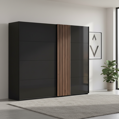 Rauch Black Large wardrobe with wooden accents and 2 Sliding Doors