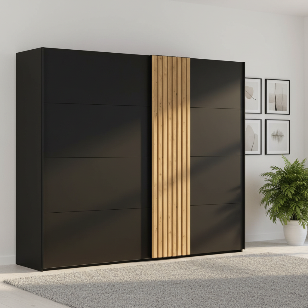 Rauch Tegra Fusion Black Glass and Wild Oak Sliding Door Wardrobe