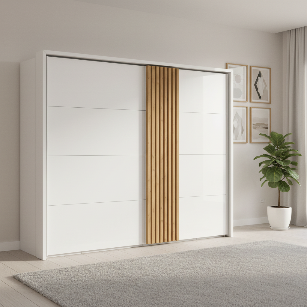 Rauch Large 2 Door Sliding White wardrobe with sliding doors featuring a wooden panel and Passepartout Frame