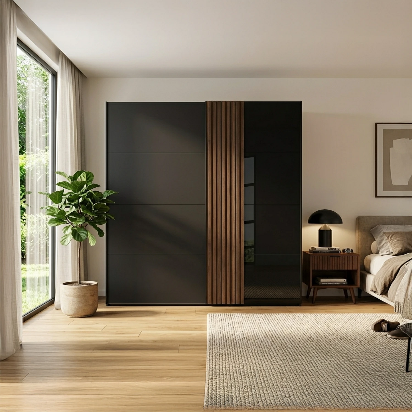 Rauch Tegra Fusion Black Glass and Walnut Oak Sliding Door Wardrobe