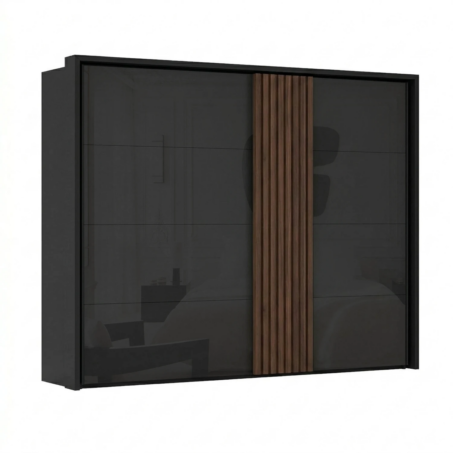 Rauch Tegra Fusion Black Glass and Walnut Oak Sliding Door Wardrobe