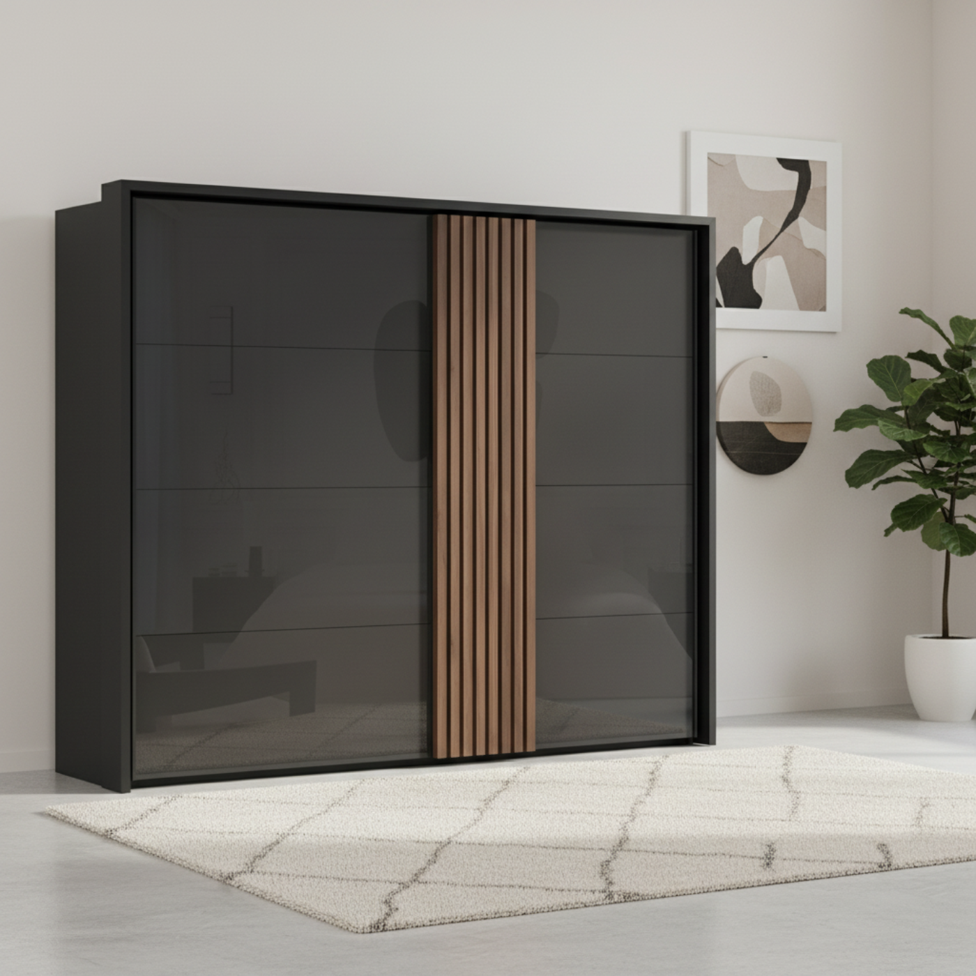 Rauch Tegra Fusion Black Glass and Walnut Oak Sliding Door Wardrobe