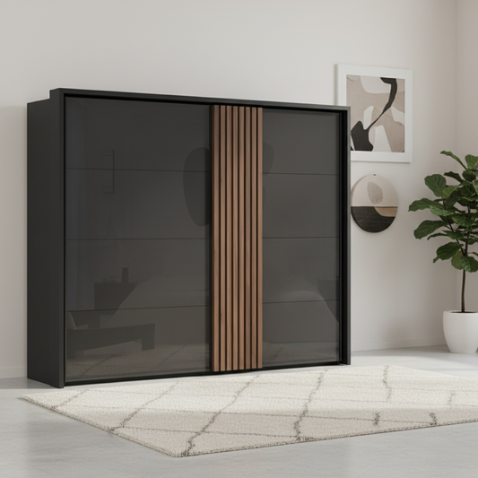 Rauch Tegra Fusion Black Glass and Walnut Oak Sliding Door Wardrobe