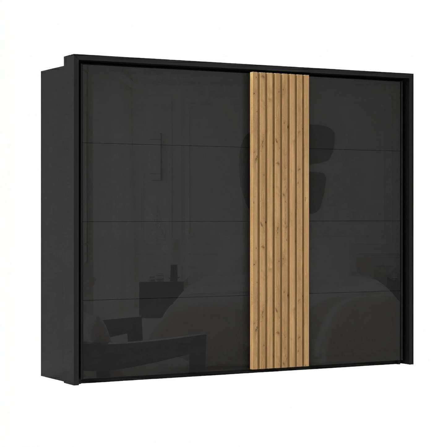 Rauch Tegra Fusion Black Glass and Wild Oak Sliding Door Wardrobe with Passepartout Frame