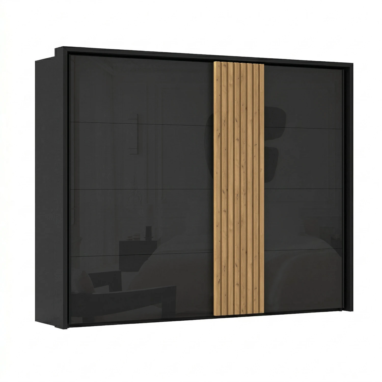 Rauch Tegra Fusion Black Glass and Wild Oak Sliding Door Wardrobe with Passepartout Frame